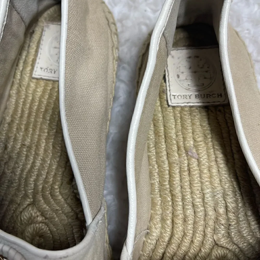 Tory Burch Canvas Khaki & beige espadrilles slip on gold tone logo accent SZ9.5